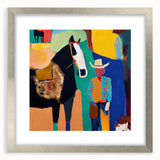 Abstract figurative wall art framed in silver with a mat, showcasing vibrant colors and unique shapes, perfect for modern home decor and enhancing artistic spaces.