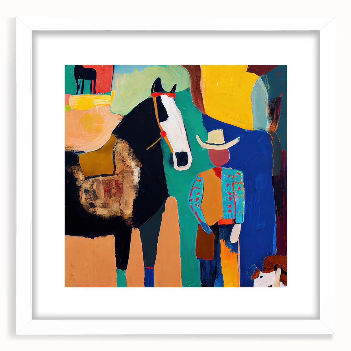 Abstract figurative wall art framed with a white mat, showcasing vibrant colors and dynamic shapes, perfect for modern interior decor. The piece adds a contemporary touch to any art collection, enhancing living spaces with its unique design.