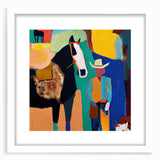 Abstract figurative wall art framed with a white mat, showcasing vibrant colors and dynamic shapes, perfect for modern interior decor. The piece adds a contemporary touch to any art collection, enhancing living spaces with its unique design.