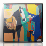 Framed abstract figurative wall art featuring bold black lines and colorful shapes, elegantly displayed with an acrylic finish, enhancing any modern decor.