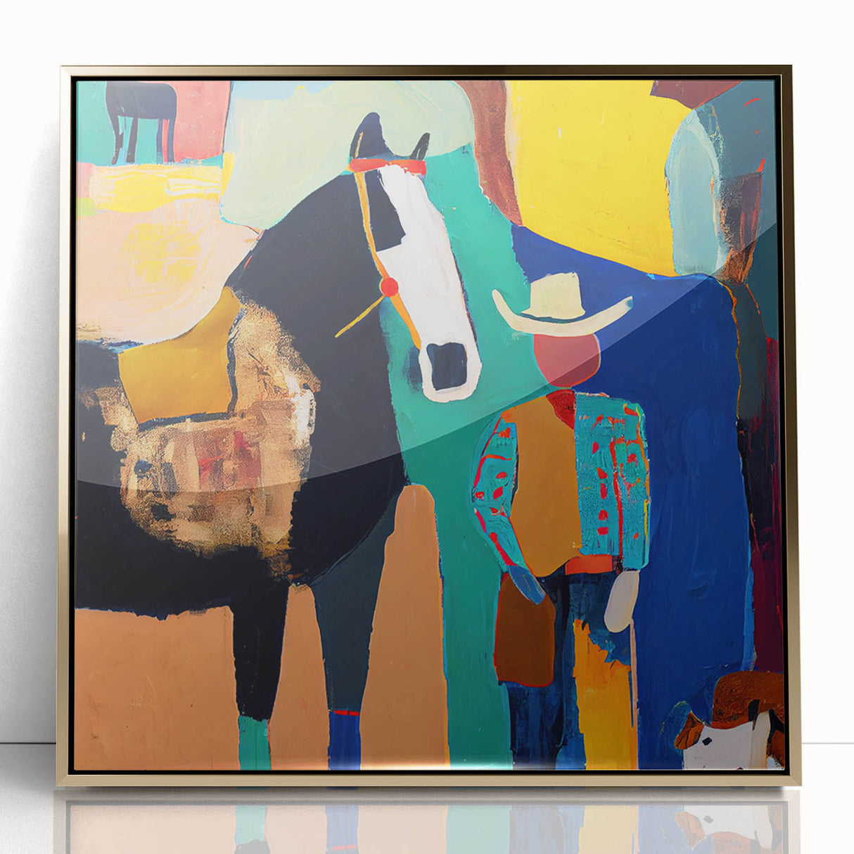 Framed abstract figurative wall art showcasing a gold design against a vibrant background, perfect for modern home decor and artistic expression. The acrylic finish enhances its elegance, making it a striking focal point for any room.
