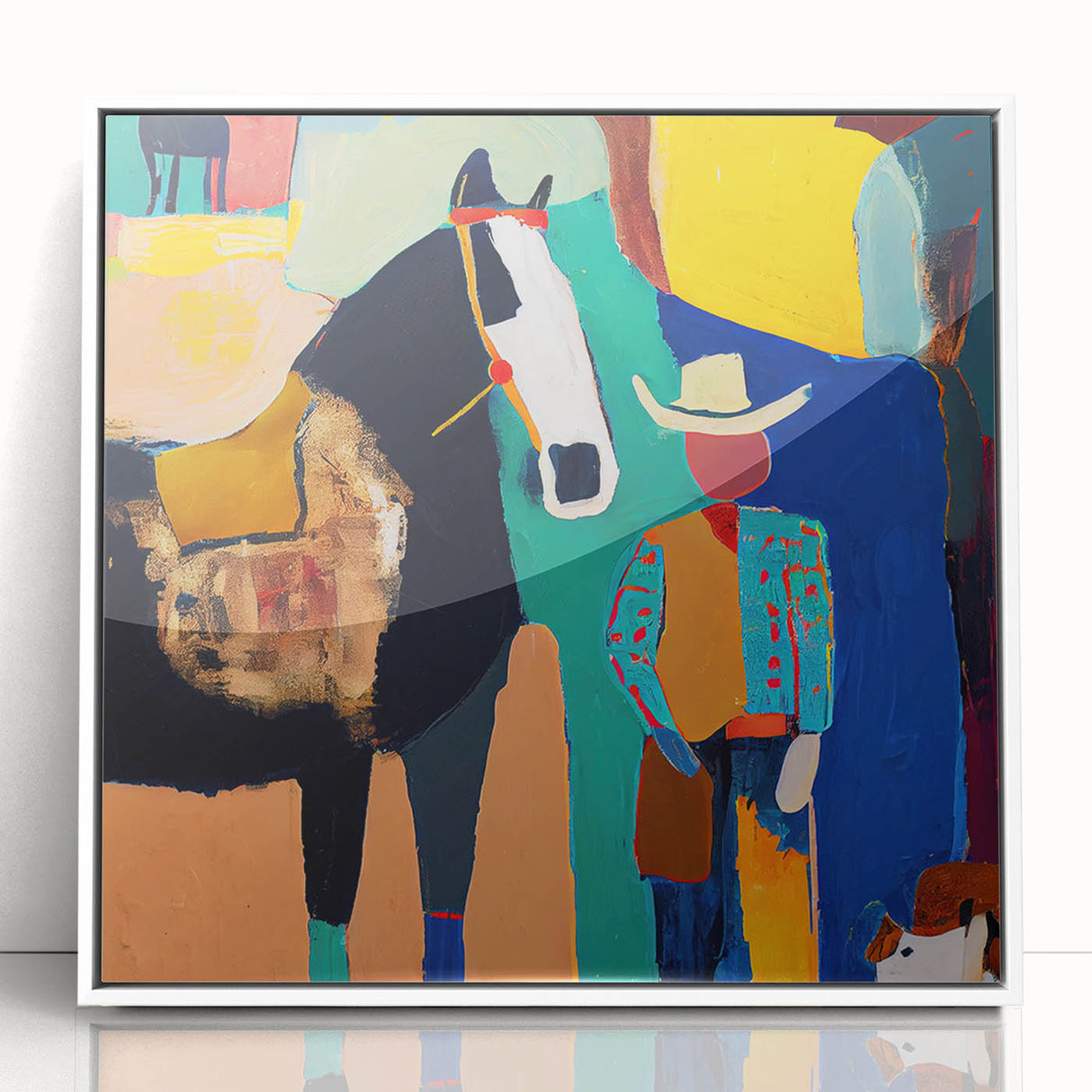 Framed abstract figurative wall art with a white frame, showcasing vibrant colors and dynamic shapes, ideal for modern home decor and artistic expression.