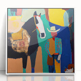 Framed abstract figurative wall art with a white frame, showcasing vibrant colors and dynamic shapes, ideal for modern home decor and artistic expression.