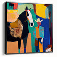 Framed abstract figurative wall art in black, showcasing a modern design with dynamic shapes and textures, displayed in a stylish side view against a neutral backdrop.