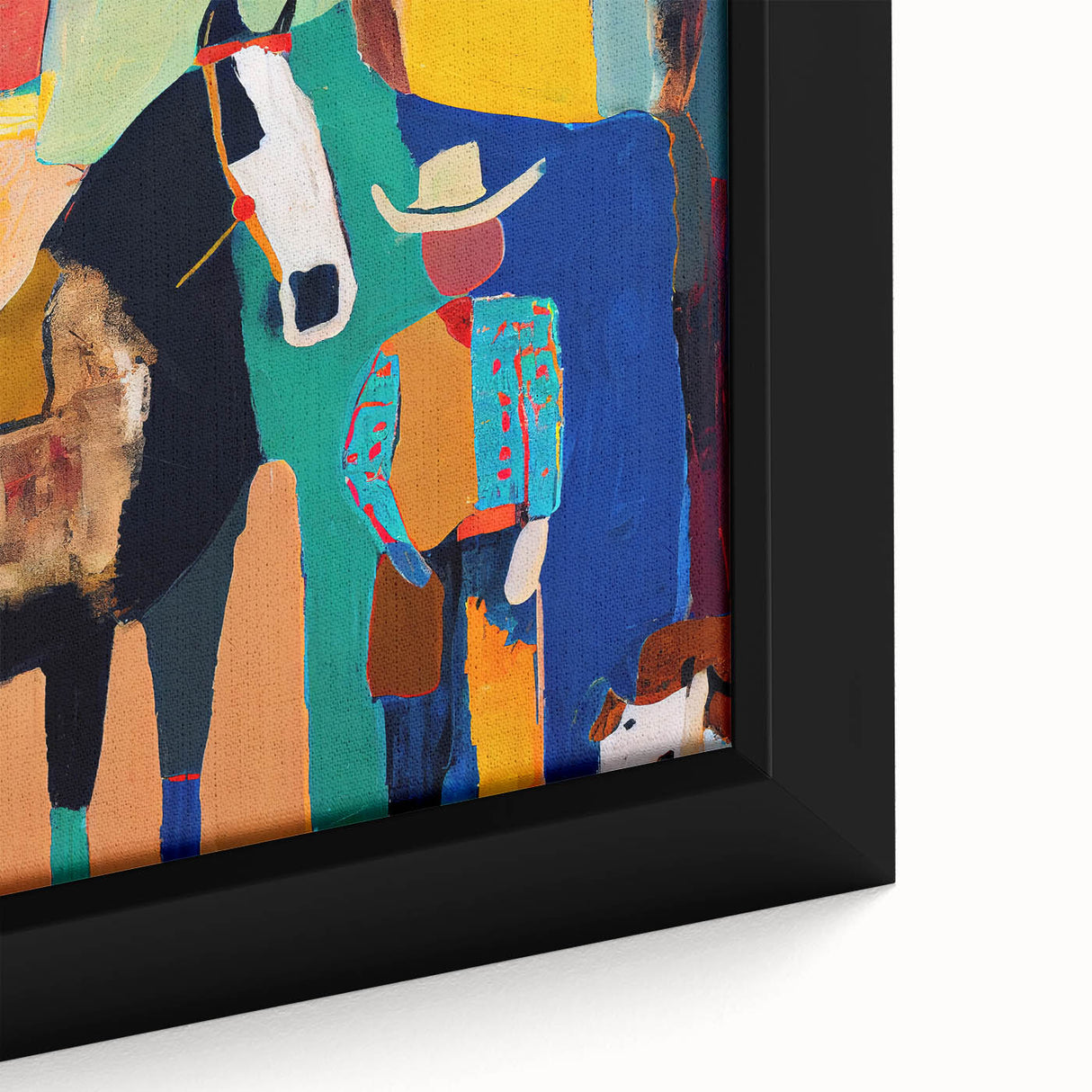 Abstract figurative wall art framed canvas close-up, showcasing vibrant colors and intricate details, perfect for modern home decor or artistic expression.