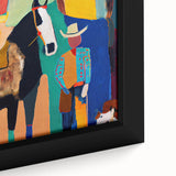 Abstract figurative wall art framed canvas close-up, showcasing vibrant colors and intricate details, perfect for modern home decor or artistic expression.