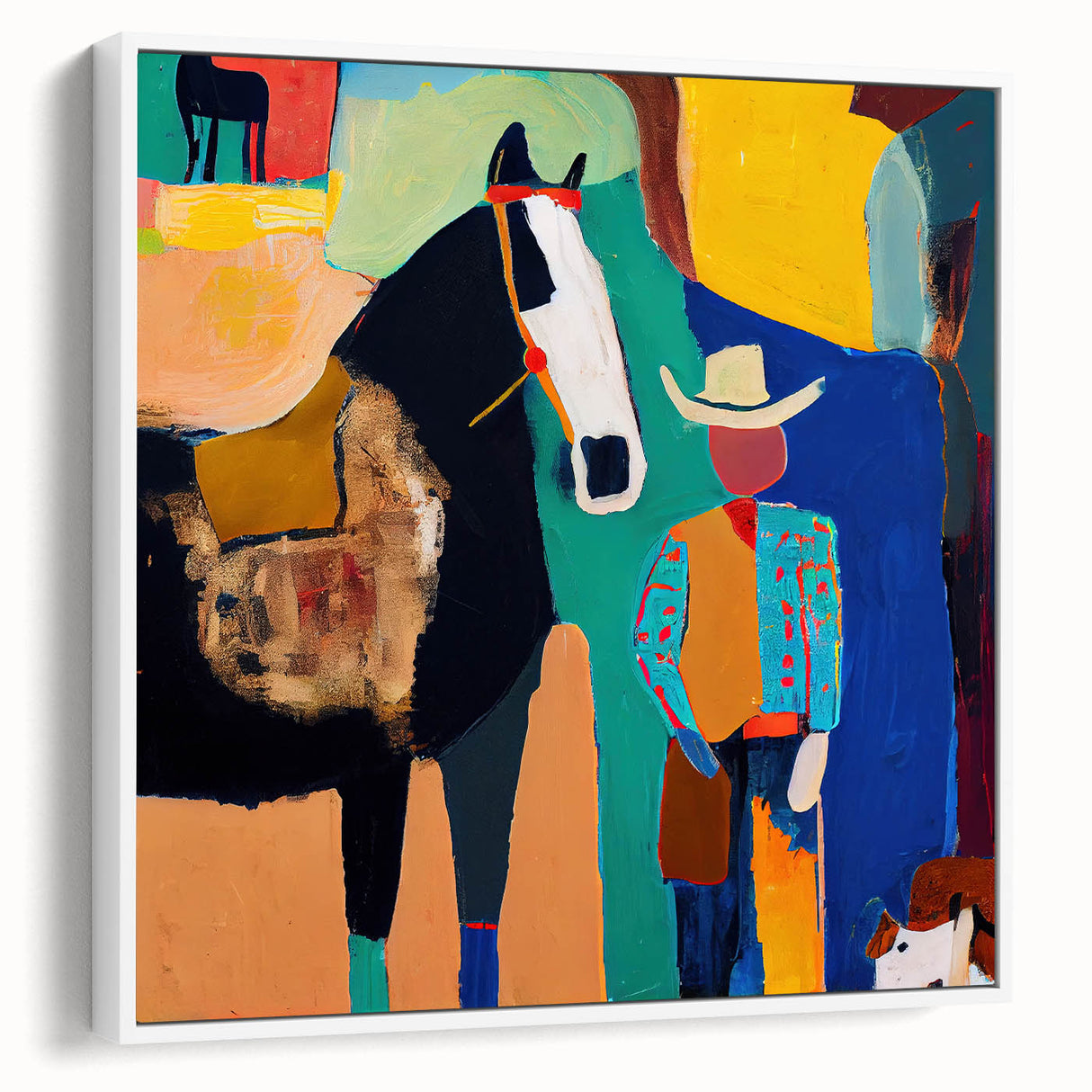 Abstract figurative wall art framed canvas showcasing a modern design with vibrant colors and dynamic shapes, displayed from a white side view, ideal for contemporary decor.