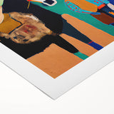 Abstract figurative wall art on rolled canvas showcasing vibrant colors and fluid shapes, ideal for contemporary decor, presented in a protective cardboard tube.