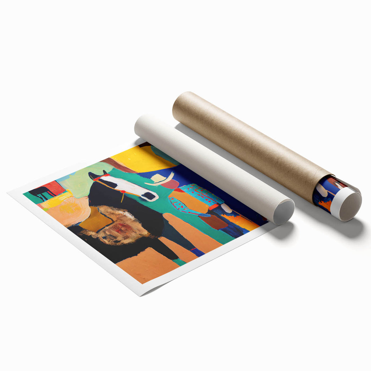 Abstract figurative wall art print showcasing vibrant colors and dynamic shapes, rolled and ready for display, perfect for modern home decor.