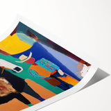 Abstract figurative wall art print showcasing vibrant colors and dynamic shapes, rolled neatly for easy transportation, ideal for modern home decor.