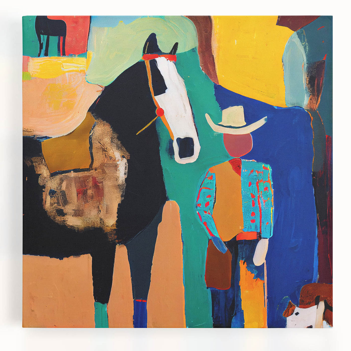 Abstract figurative wall art stretched on canvas, showcasing vibrant colors and dynamic shapes, ideal for modern home decor with an artistic flair.