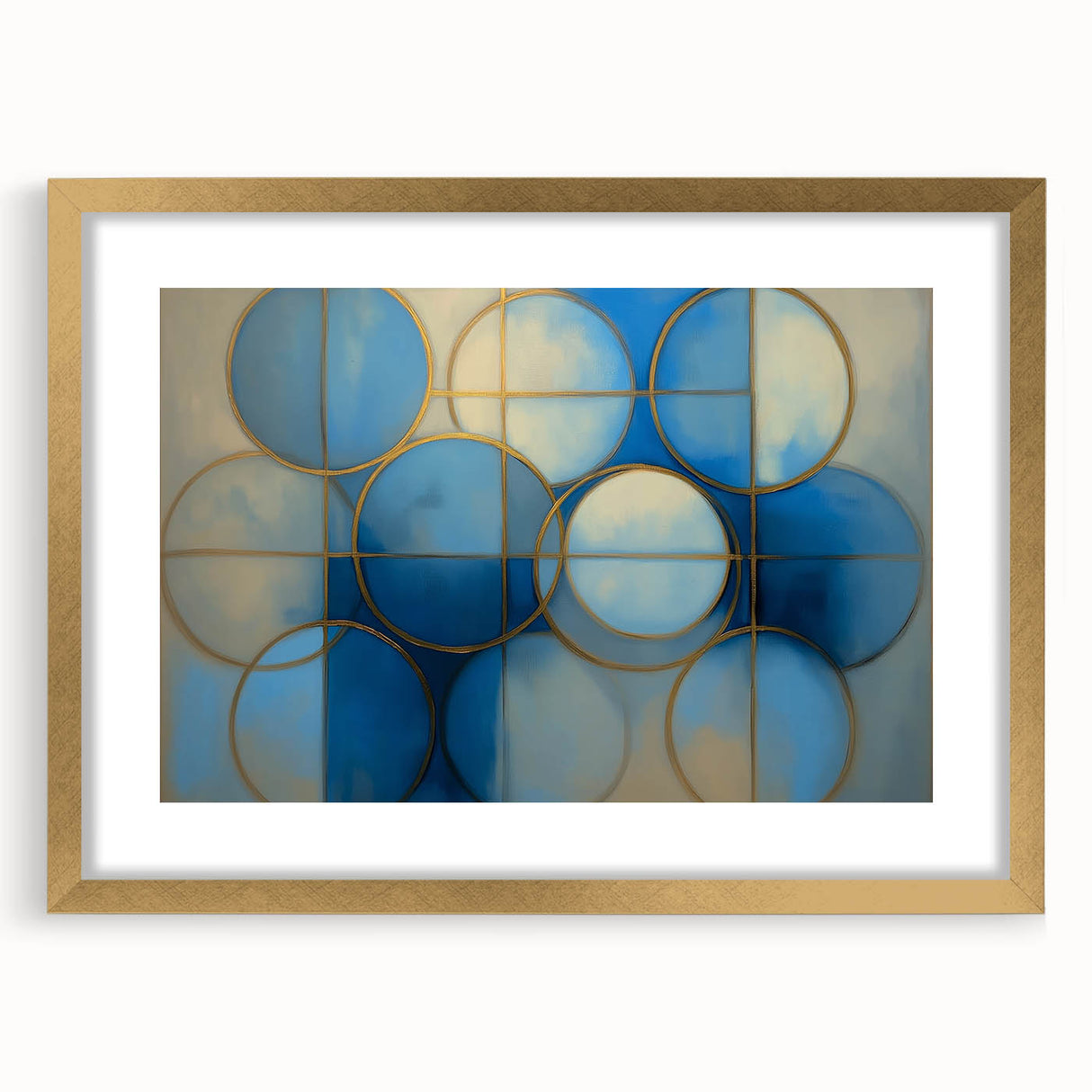 Abstract geometric frame with a gold mat, showcasing a modern design suitable for contemporary decor. Ideal for enhancing living spaces with elegance and style.