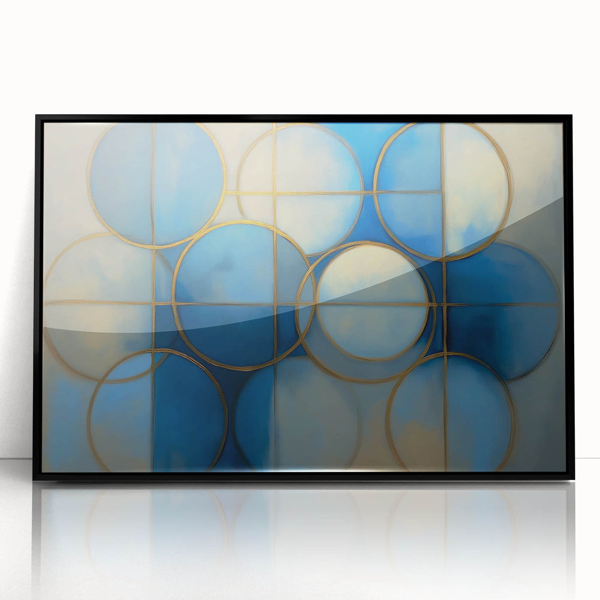 Abstract geometric artwork in a black-framed acrylic display, showcasing intricate shapes and vibrant colors, perfect for modern home decor and art enthusiasts.