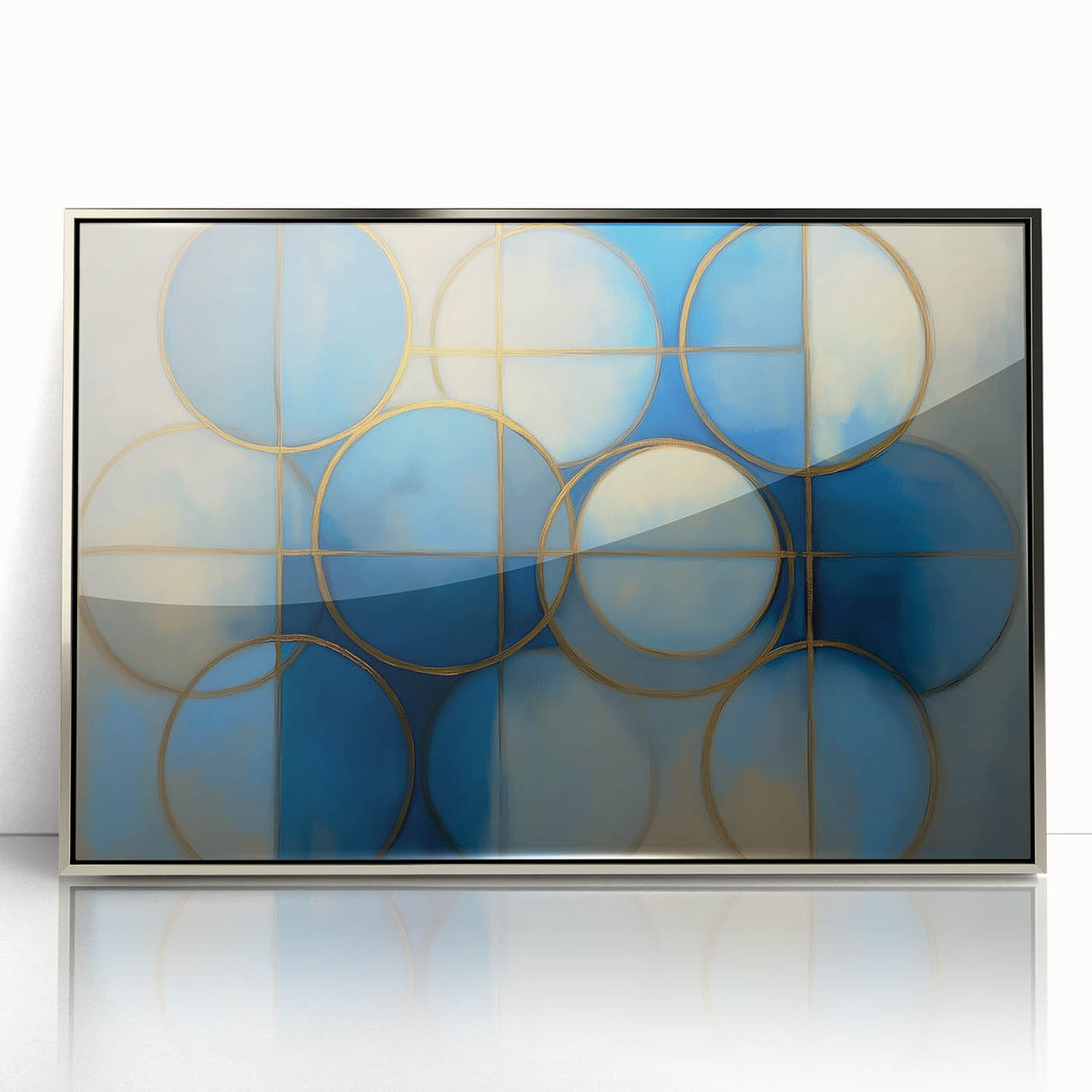 Framed abstract geometric art print in silver tones, showcasing intricate patterns and shapes, ideal for modern home decor and enhancing any living space.