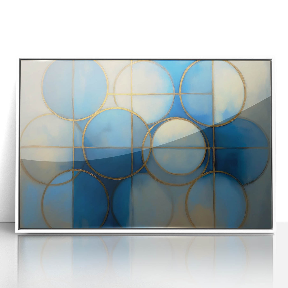Framed acrylic artwork showcasing a modern abstract geometric design in white tones, perfect for contemporary decor, adding elegance and style to any space.