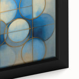 Close-up of an abstract geometric framed canvas showcasing vibrant colors and intricate shapes, perfect for modern home décor or art enthusiasts.