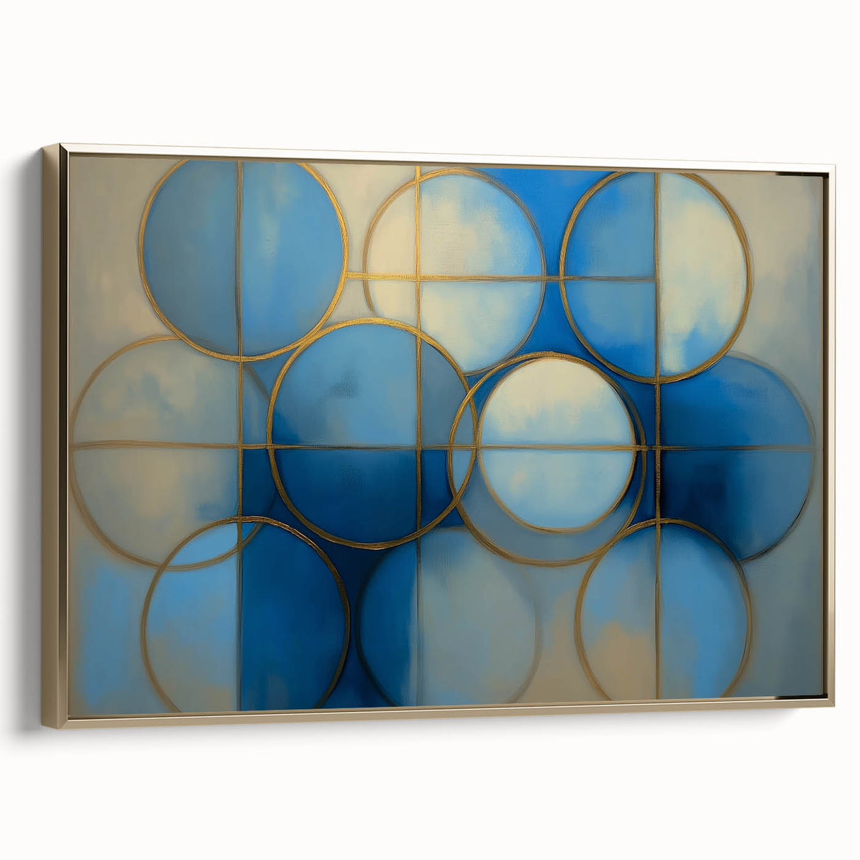 Abstract geometric framed canvas artwork featuring bold gold and black patterns, designed for modern home decor, showcasing a stylish side view. Perfect for adding a contemporary touch to any room.