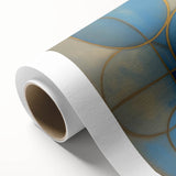 Abstract geometric design on rolled canvas, showcasing vibrant blue and orange shapes against a neutral background, ideal for modern home decor.