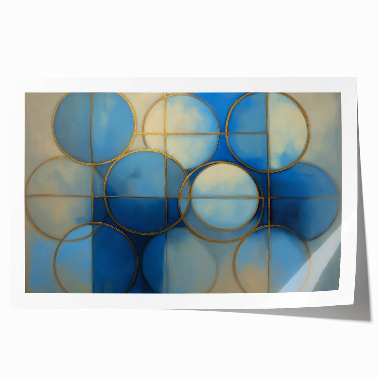 Abstract geometric rolled print showcasing vibrant blue and orange shapes, ideal for modern home decor, packaged securely in a sturdy tube for delivery.