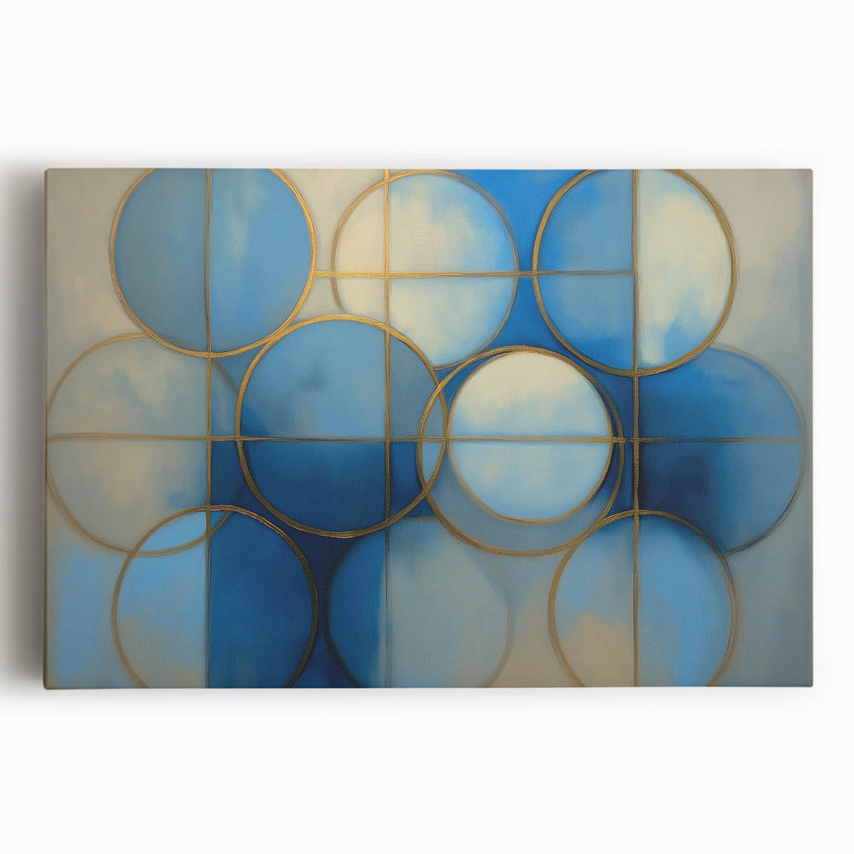 Abstract geometric stretched canvas artwork showcasing vibrant colors and intricate shapes, perfect for modern home decor, enhancing contemporary interiors.