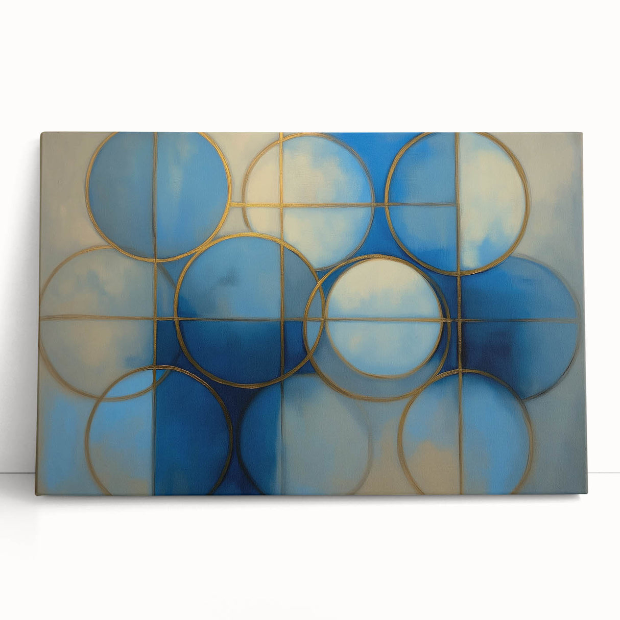 Abstract geometric stretched canvas artwork in vibrant colors, leaning against a neutral wall, perfect for modern home decor accents. Ideal for adding a contemporary touch to any space.