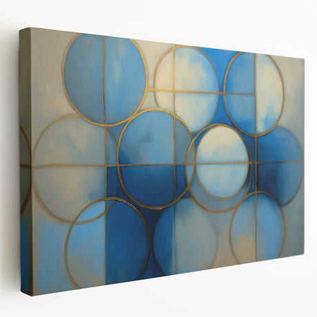 Abstract geometric stretched canvas art showcasing bold, vibrant colors and intricate shapes, ideal for modern home decor. Side view highlights the canvas depth and texture.