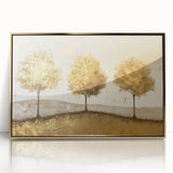 Framed abstract landscape wall art featuring soft gold and earthy tones, elegantly displayed with a sleek acrylic frame, perfect for modern home decor.