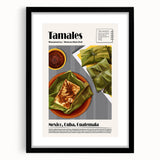 Abstract art print of colorful, textured food dishes on a large canvas, framed in black, ideal for living room decor.