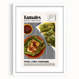 Abstract art print of assorted food dishes in muted earth tones, framed with a white mat, suitable for dining room decor.