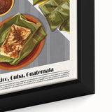 Close-up of a black framed canvas featuring colorful, textured depictions of various food dishes.
