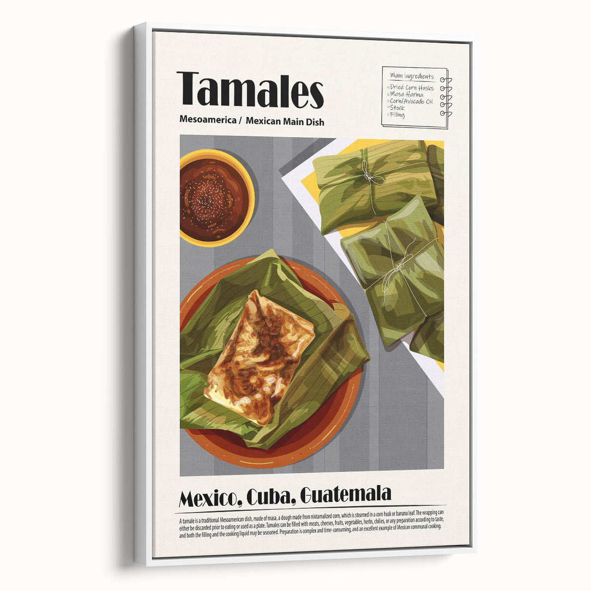 Vintage poster art of colorful food dishes on a white framed canvas, ideal for living room decor.