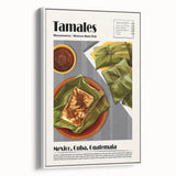 Vintage poster art of colorful food dishes on a white framed canvas, ideal for living room decor.