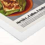 Art deco poster featuring assorted food dishes in muted earth tones on rolled canvas, suitable for dining room decor.