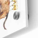 Large abstract dining room art in mid-century modernist style on acrylic glass featuring bold earth tones.