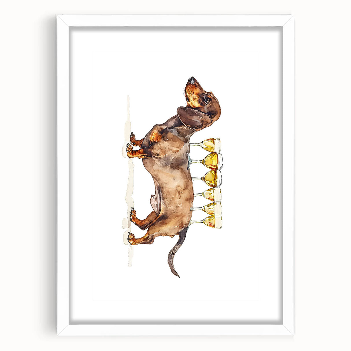 Abstract art print of food and drinks in muted earth tones, framed with a white mat, ideal for dining room decor.