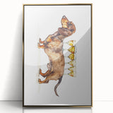 Large art print of a mid-century modernist food and drink scene in gold tones, framed acrylic.