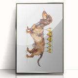 Mid-century modernist art depicting colorful food and drinks on a silver-framed acrylic, suitable for nursery wall art.