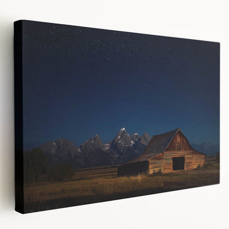 Stretched canvas artwork depicting a serene landscape with a rustic barn, showcasing vibrant colors and detailed texture, perfect for home decor.