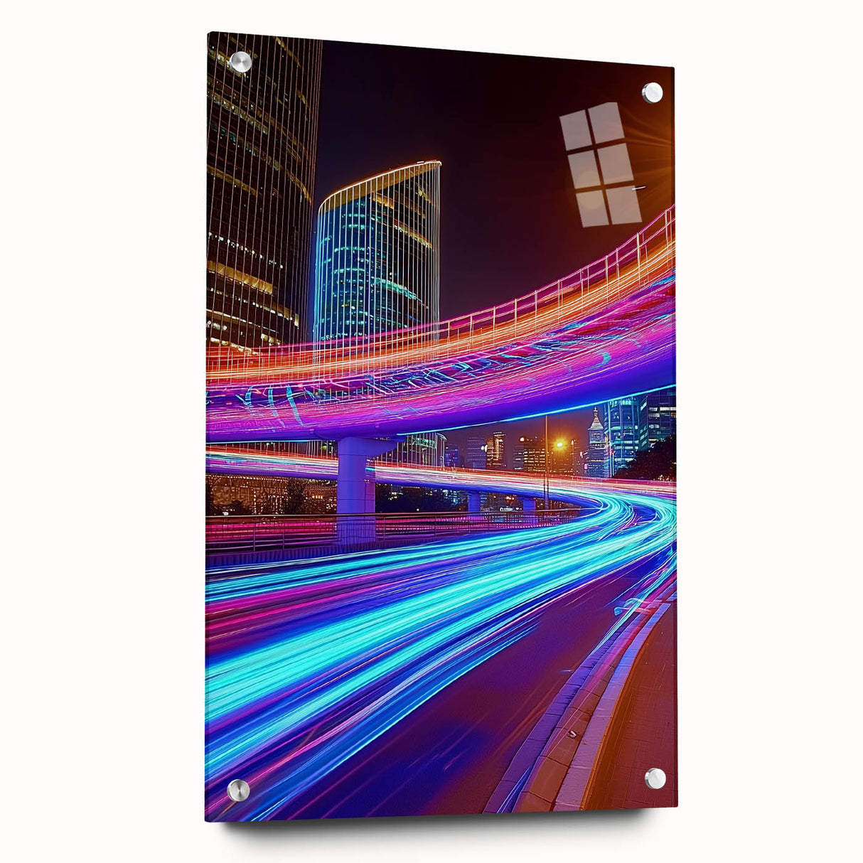 Landscape acrylic glass bridge design showcasing a side view with decorative pins, emphasizing modern architecture and artistic flair, ideal for contemporary decor.