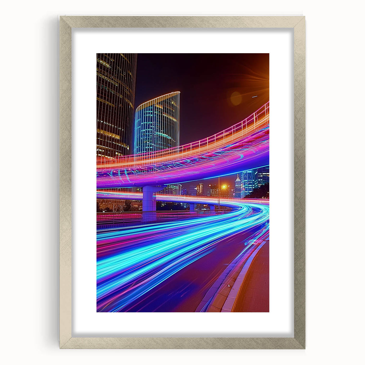 Silver landscape bridge frame with a white mat, showcasing a modern aesthetic. Ideal for displaying artwork or photos, enhancing home decor with elegance.