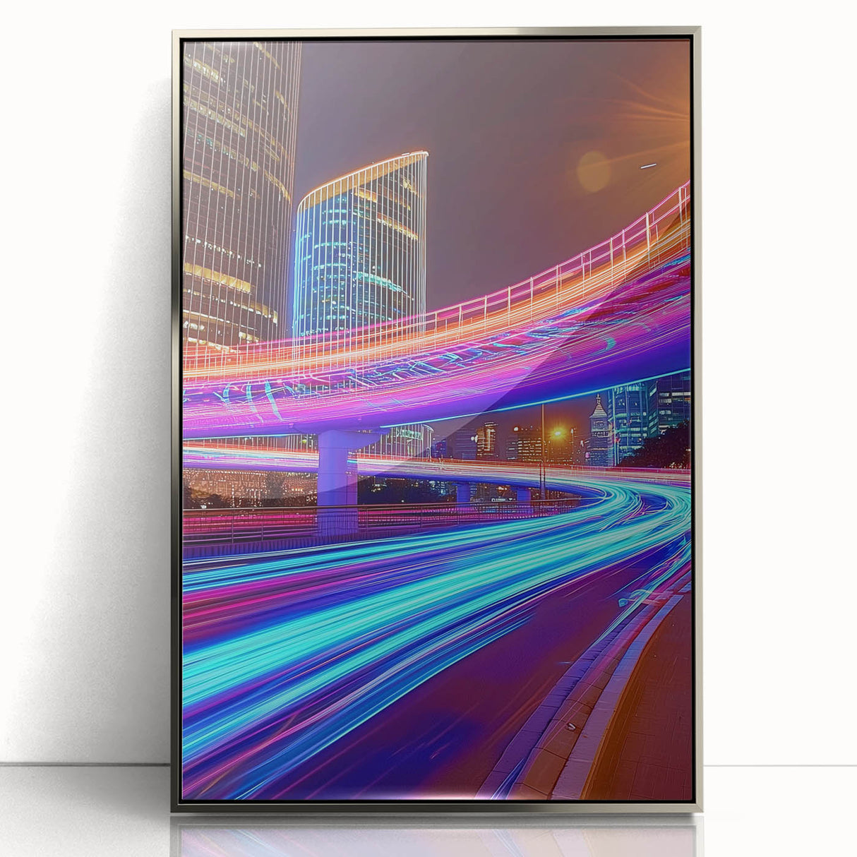 Framed acrylic artwork of a landscape bridge featuring silver accents, elegantly displayed against a neutral background, perfect for modern home decor.