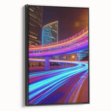 Framed canvas artwork depicting a landscape bridge against a serene backdrop, showcasing intricate details and vibrant colors in a stylish black frame, ideal for modern decor.