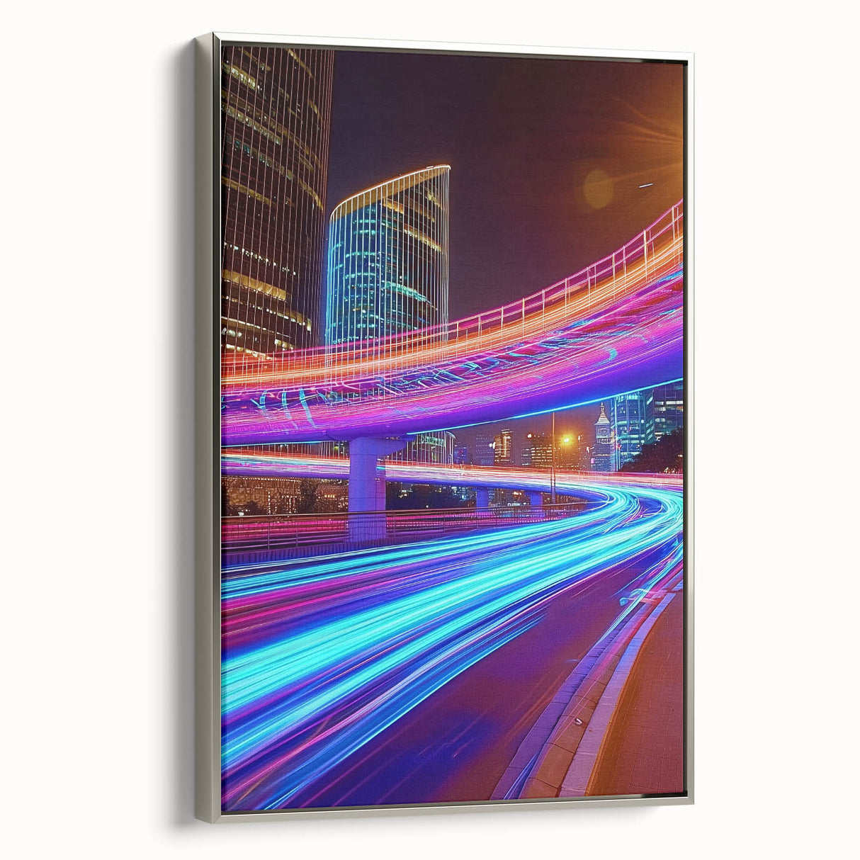 Framed canvas artwork depicting a serene landscape featuring a bridge, with a silver frame enhancing its elegance, ideal for home decor accents.
