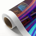 Rolled canvas showcasing a vibrant landscape bridge design with rich colors and intricate details, elegantly packaged in a protective cardboard tube for safekeeping.