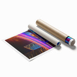 Rolled canvas print showcasing a vibrant landscape bridge design, featuring intricate details and rich colors, securely packaged in a protective cardboard tube for safe shipping.