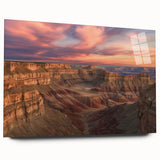 Vibrant acrylic glass artwork depicting a stunning landscape of canyons in warm earth tones, showcasing intricate details and a sleek side view design without pins, perfect for modern decor.