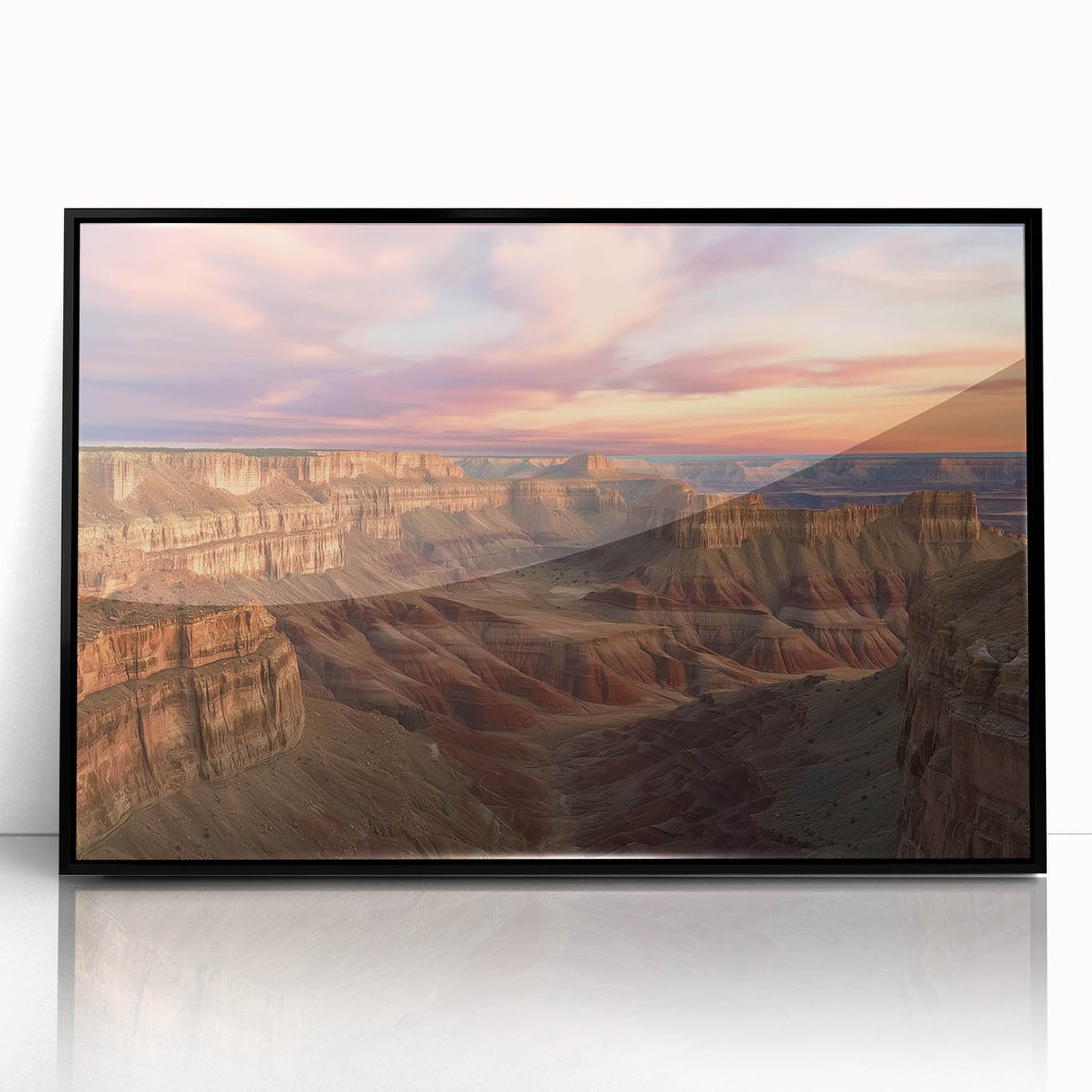 Framed acrylic artwork showcasing a stunning landscape of canyons, featuring vibrant colors and intricate details, set against a sleek black frame, ideal for modern home decor.