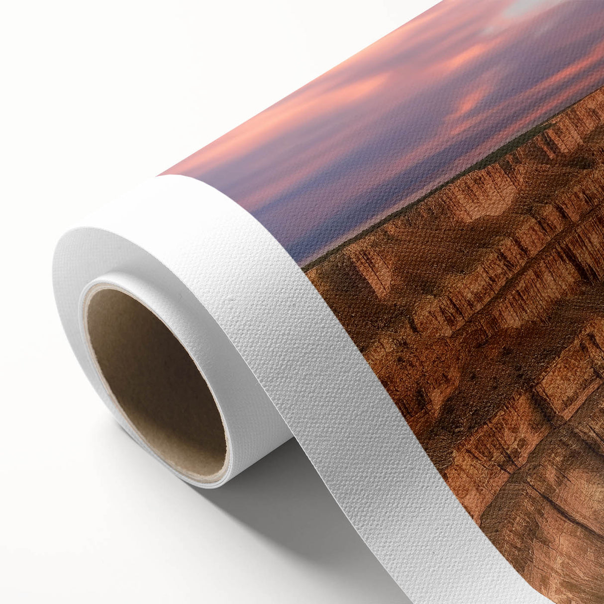 Stunning rolled canvas art depicting a vibrant landscape of canyons in warm earth tones, perfect for adding a natural touch to home decor.