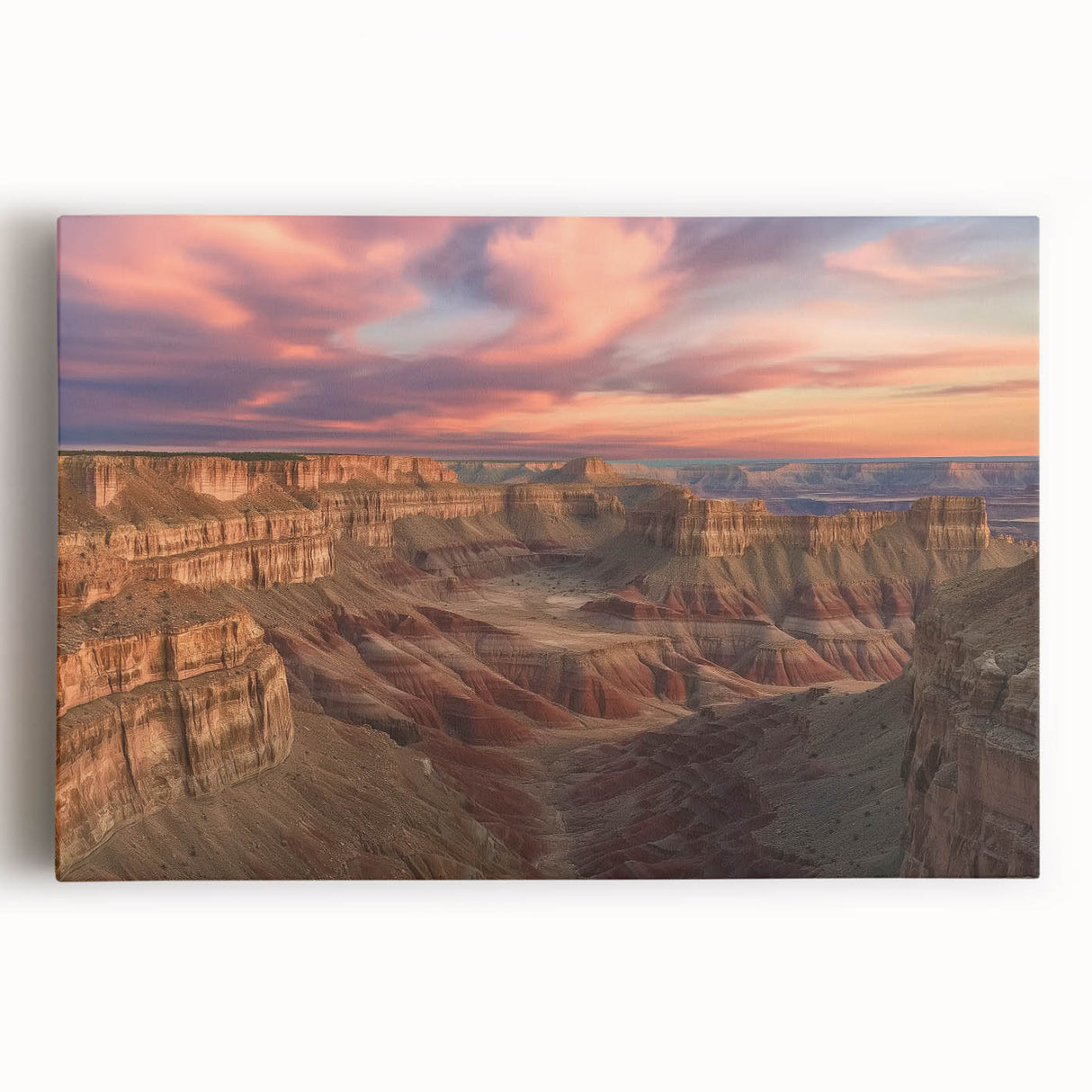 Stretched canvas artwork depicting a vibrant landscape of canyons with rich earthy tones and intricate details, suitable for home decor or art enthusiasts.