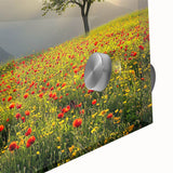 Close-up of a vibrant acrylic landscape painting depicting a serene countryside scene, showcasing lush green fields and a clear blue sky, perfect for home decor.